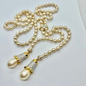Vintage Replica Xtra long Faux Pearl Gold Rhinestone Lariat 45” Necklace